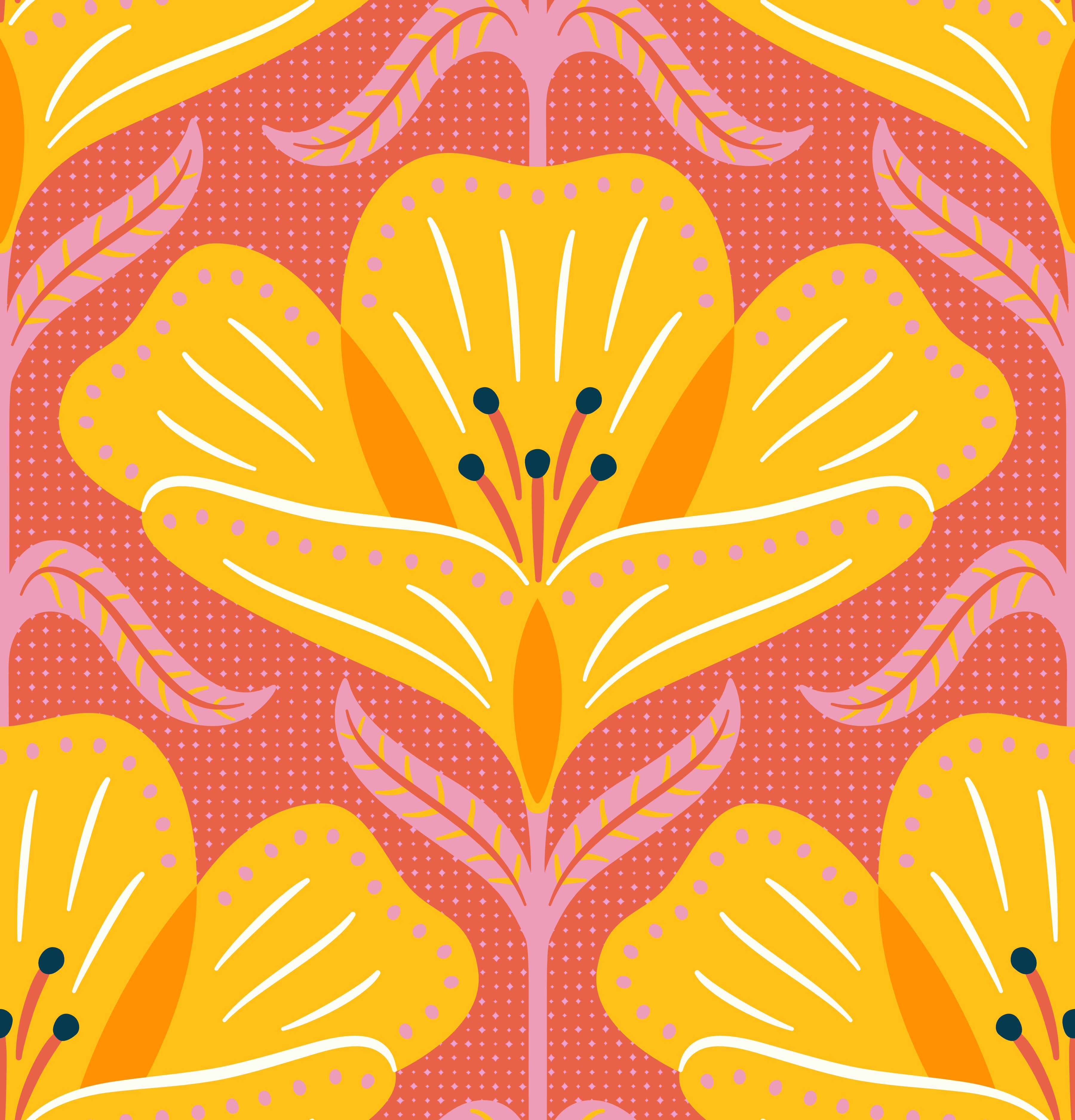 Decorative pattern with yellow flowers on a pink background